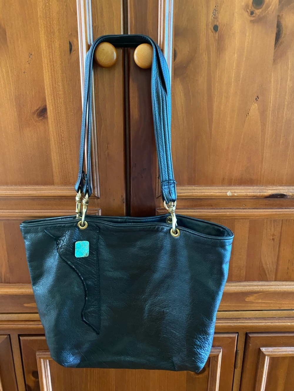 Fred Eisen Leather Designs Black Shoulder Tote with Turquoise Accent